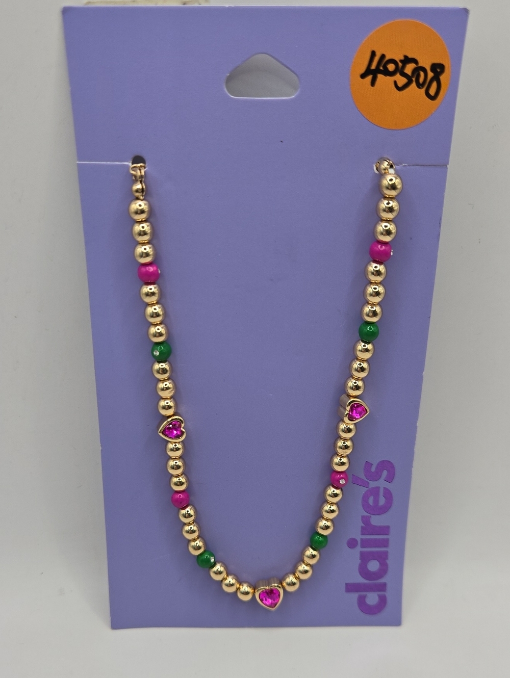 NEW Claire's Gold Beaded Necklace with Pink and Green Accents and Heart Charms